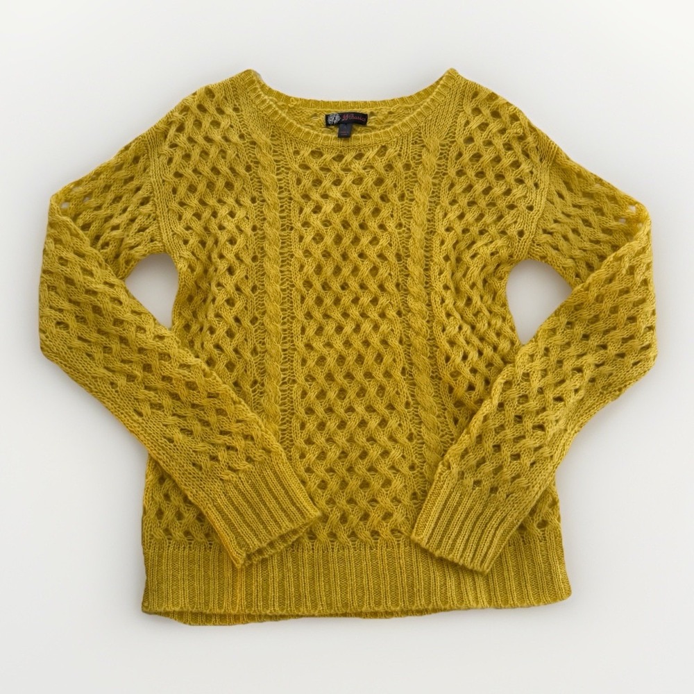 Vintage Women's Crochet‎ Yellow Knit Sweater-J.J Basics-Sz Small-Coastal Grandma
